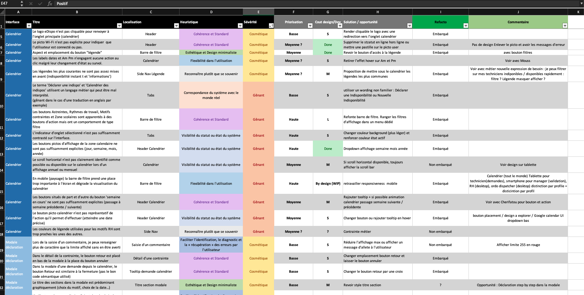 Screen capture heuristics excel sheet