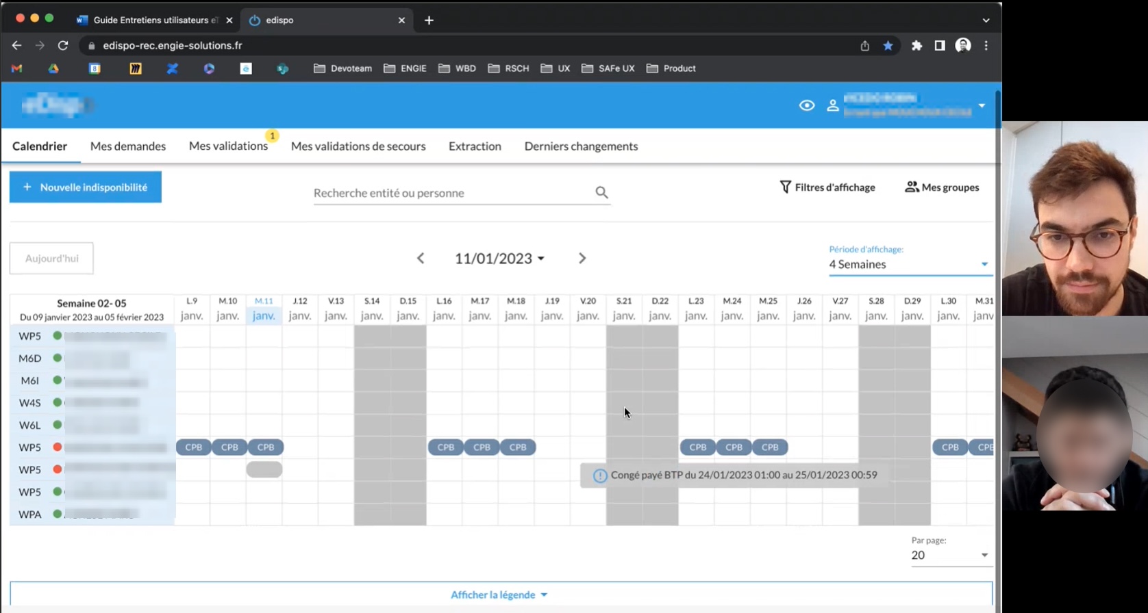 User research interview, manager discovering prototyped application