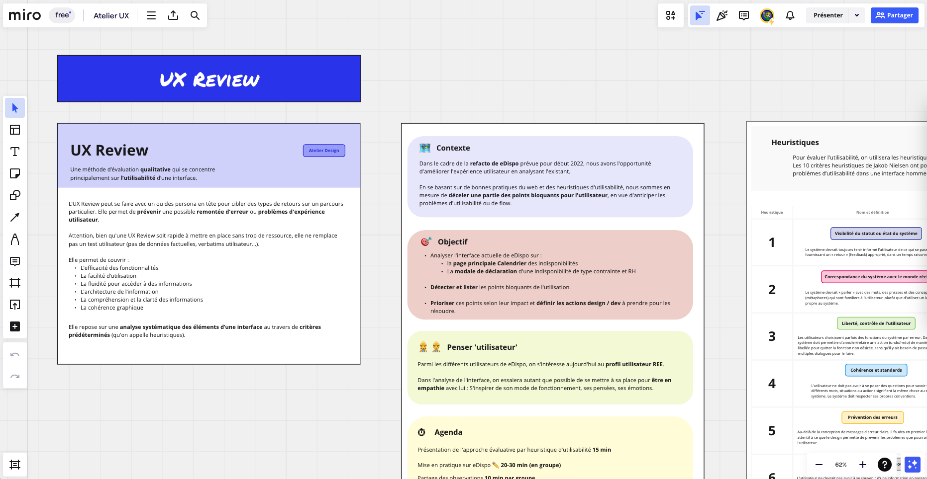 Screen capture UX review artboard Miro app